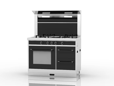 Modern Black And Silver Integrated Kitchen Appliance With Gas Burners Range Hood And Oven 3d model
