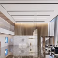 Modern Office Reception Area With Marble Desk Wooden Slat Wall And Large Glass Windows