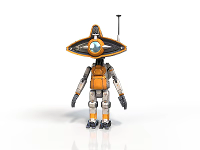 Orange And Gray Mechanical Robot With Hat Like Top Circular Eye And Antenna 3d model