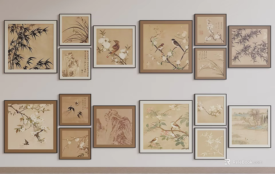 Multiple Botanical Paintings On Wall With Bamboo Flowers Birds And Brown Frames Arranged Neatly 3d model 