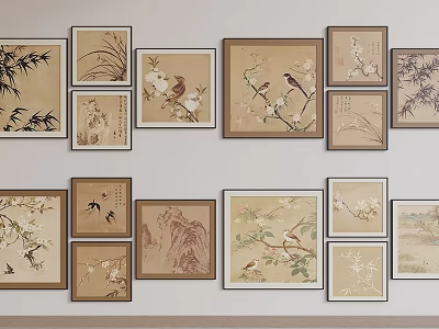Multiple Botanical Paintings On Wall With Bamboo Flowers Birds And Brown Frames Arranged Neatly 3d model