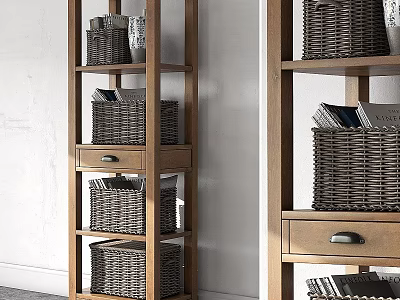 Wooden Storage Shelf With Wicker Baskets Drawer And Multiple Shelves For Organization 3d model