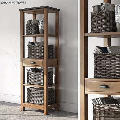 Wooden Storage Shelf With Wicker Baskets Drawer And Multiple Shelves For Organization 3d model