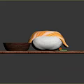 Yellow Striped Sushi on Wooden Cutting Board with Green Sauce and Colorful Garnishes