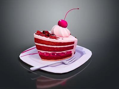 Delicious Red Velvet Cake Slice With Cream Frosting Cherry On White Plate And Fork 3d model