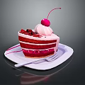 Delicious Red Velvet Cake Slice With Cream Frosting Cherry On White Plate And Fork