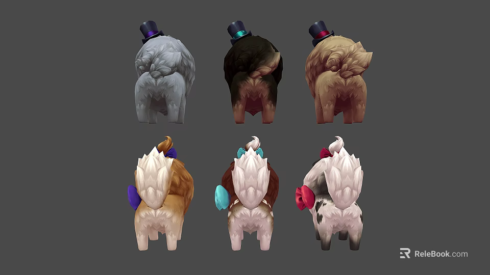 Cute Animal Backs With Small Top Hats And Colorful Bow Decorations 3d model 