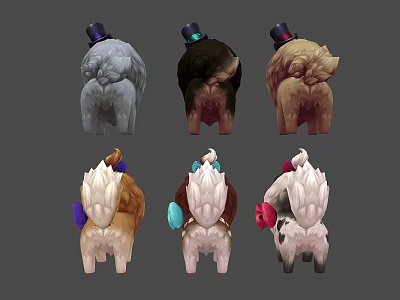 Cute Animal Backs With Small Top Hats And Colorful Bow Decorations 3d model
