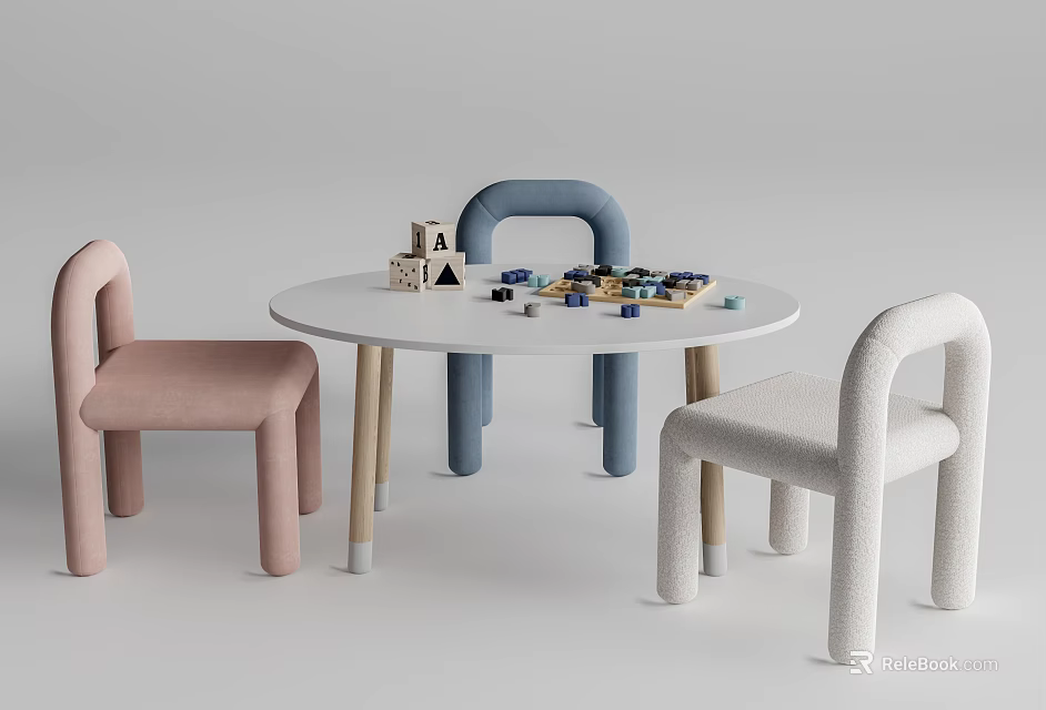 Round White Kids Table with Building Blocks Toys and Curved Chairs in Pink Blue White 3d model 
