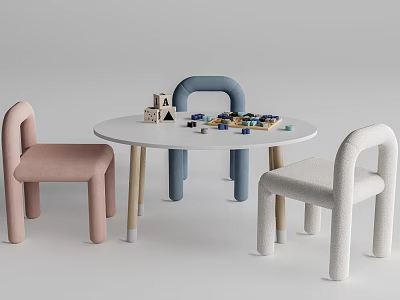 Round White Kids Table with Building Blocks Toys and Curved Chairs in Pink Blue White 3d model