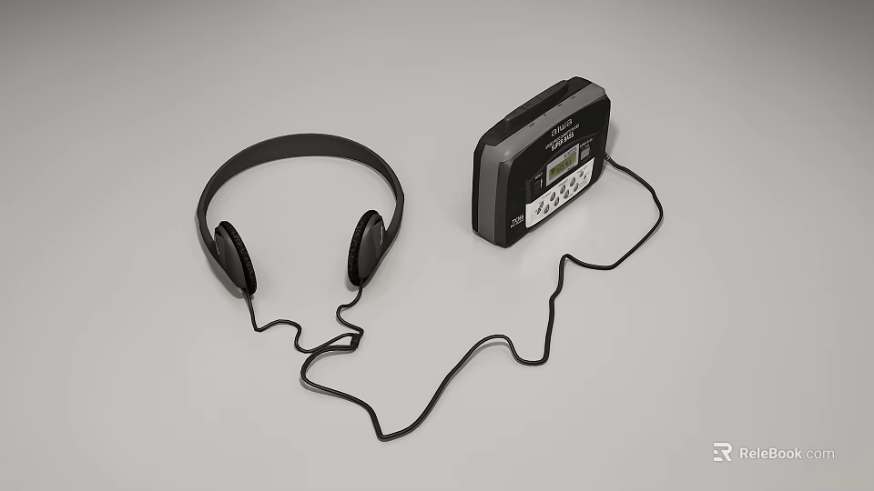 Black Over Ear Headphones With Portable Audio Player And Cable Connection 3d model 