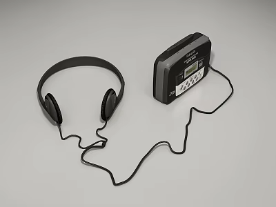 Black Over Ear Headphones With Portable Audio Player And Cable Connection 3d model