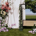 Scenic Outdoor Photo Spot With White Drapes Colorful Flowers Swing Bench Green Trees And Grass