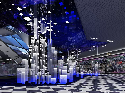 Modern Tech Inspired Hall With Transparent Column Structures Blue Lighting And Black White Checkered Floor 3d model
