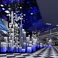Modern Tech Inspired Hall With Transparent Column Structures Blue Lighting And Black White Checkered Floor 3d model