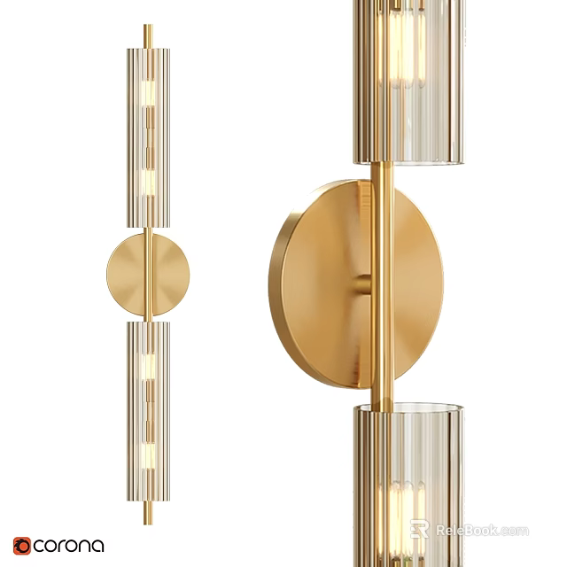 Modern Golden Wall Sconce With Circular Backplate And Glass Tube Shades 3d model 