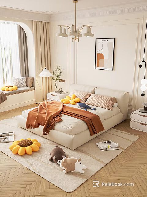 Cozy Modern Bedroom Interior With Beige Bed Orange Blanket Sunflower Decorations And Floor Lamp 3d model 