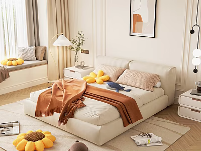 Cozy Modern Bedroom Interior With Beige Bed Orange Blanket Sunflower Decorations And Floor Lamp 3d model