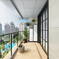 Modern Villa Balcony Design With Washing Machine Storage Cabinets and Scenic City View Overlooking Pool