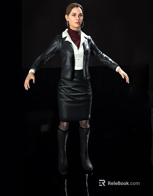 A Woman In Black Leather Jacket White Shirt Skirt And Boots With Arms Outstretched 3d model 