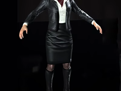 A Woman In Black Leather Jacket White Shirt Skirt And Boots With Arms Outstretched 3d model