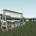 Garden Landscape With Scenic Grassland Outdoor Dining Setup Decorative Wooden Frame Hanging Lights And Sunset