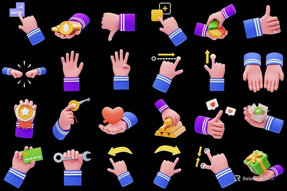 Various Hand Gestures And Actions With Different Icons For Design Projects 3d model 