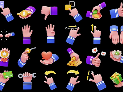 Various Hand Gestures And Actions With Different Icons For Design Projects 3d model