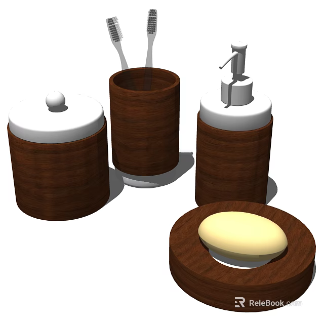 Modern Wooden Bathroom Accessories Including Soap Dish Toothbrush Holder Soap Dispenser And Lidded Container 3d model 