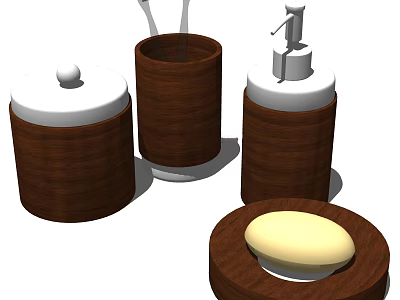 Modern Wooden Bathroom Accessories Including Soap Dish Toothbrush Holder Soap Dispenser And Lidded Container 3d model