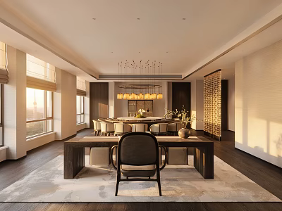 Luxurious Box Interior Design With Long Table Chairs Chandelier And Natural Light 3d model