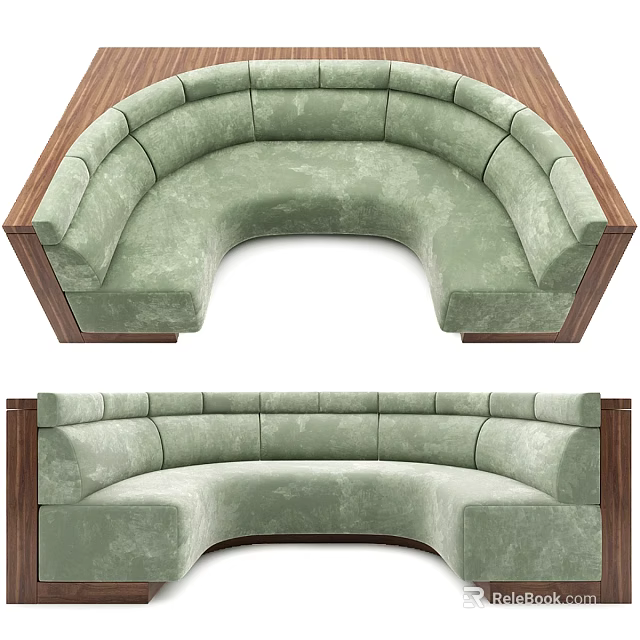 Modern Light Green Curved Booth Sofa With Wooden Frame And Velvet Upholstery 3d model 