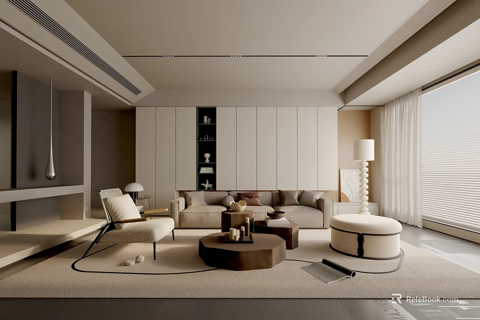 Elegant Modern Living Room With Beige Sofa Armchair Coffee Table And Floor to Ceiling Window 3d model 