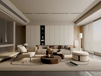 Elegant Modern Living Room With Beige Sofa Armchair Coffee Table And Floor to Ceiling Window 3d model
