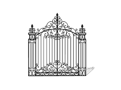 Ornate Wrought Iron Gate With Spiked Top Scrollwork And Decorative Pillars 3d model