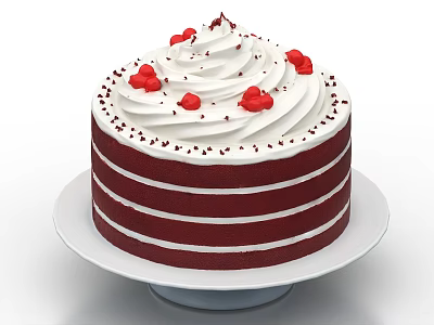 Delicious Layered Red Velvet Cake With White Cream Red Decorations And Sprinkles On White Plate 3d model