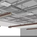 Modern Industrial Suspended Ceiling Featuring Metal Framework Pipes Ventilation Grilles And Linear Lighting Fixtures