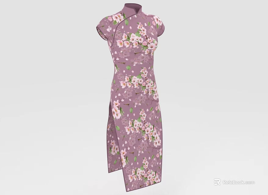 Traditional Purple Cheongsam with Floral Print Short Sleeves Stand Collar and Side Slit 3d model 