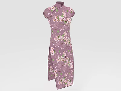 Traditional Purple Cheongsam with Floral Print Short Sleeves Stand Collar and Side Slit 3d model