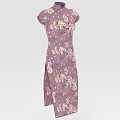 Traditional Purple Cheongsam with Floral Print Short Sleeves Stand Collar and Side Slit