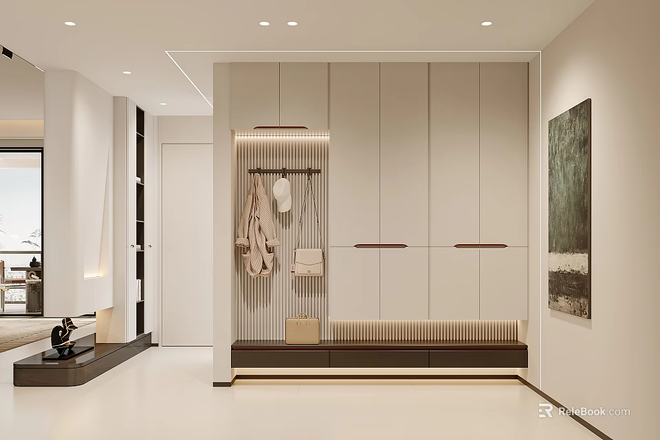Modern Entryway Hallway Design With White Cabinetry Bench And Hanging Clothes Decorative Painting 3d model 