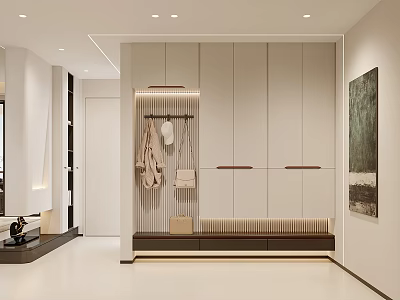 Modern Entryway Hallway Design With White Cabinetry Bench And Hanging Clothes Decorative Painting 3d model