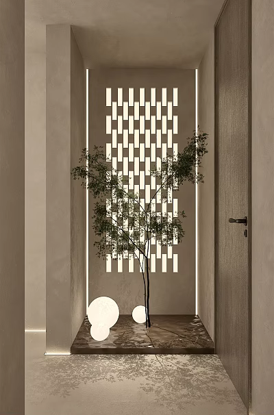 Lush Green Indoor Plant With Woven Light Panel In Modern Minimalist Hallway 3d model