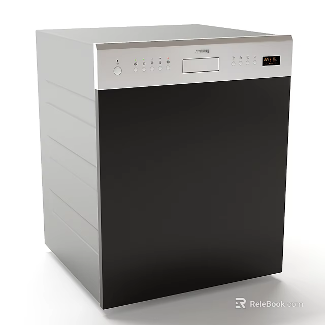 Sleek Modern Kitchen Dishwasher In Silver And Black With Control Panel Buttons And 3d model
