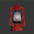 Antique Red Kerosene Lantern With Metal Frame And Glass Shade On Dark Background