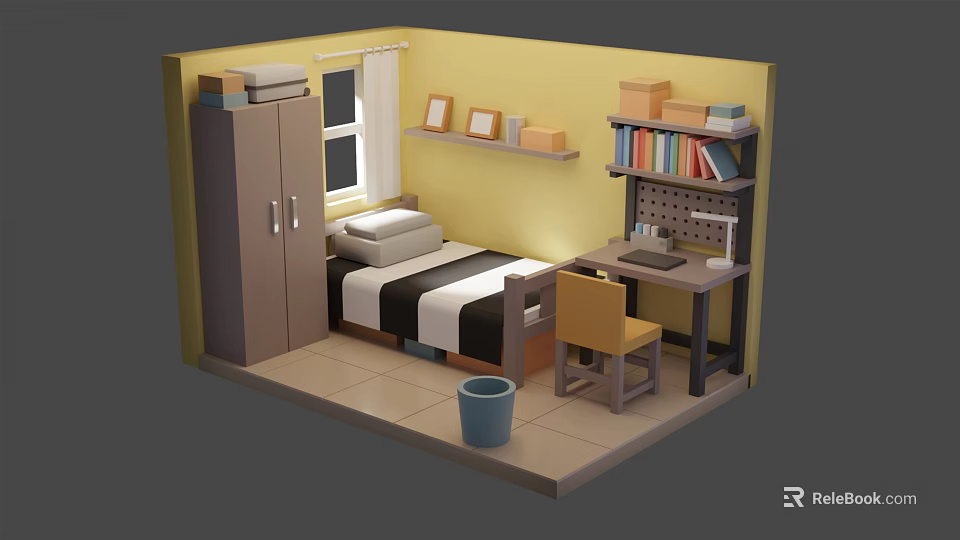 Cartoon Bedroom Scene With Yellow Walls Bed Black White Striped Sheets Desk And Bookshelf 3d model 