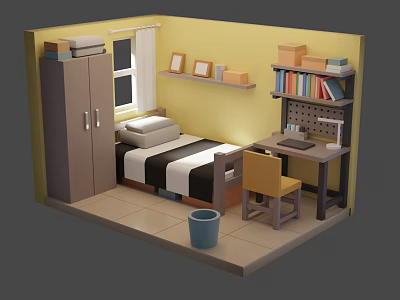 Cartoon Bedroom Scene With Yellow Walls Bed Black White Striped Sheets Desk And Bookshelf 3d model