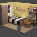 Cartoon Bedroom Scene With Yellow Walls Bed Black White Striped Sheets Desk And Bookshelf