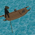 Wooden Boat With Person In Conical Hat Two Seagulls On Blue Water With Reflection