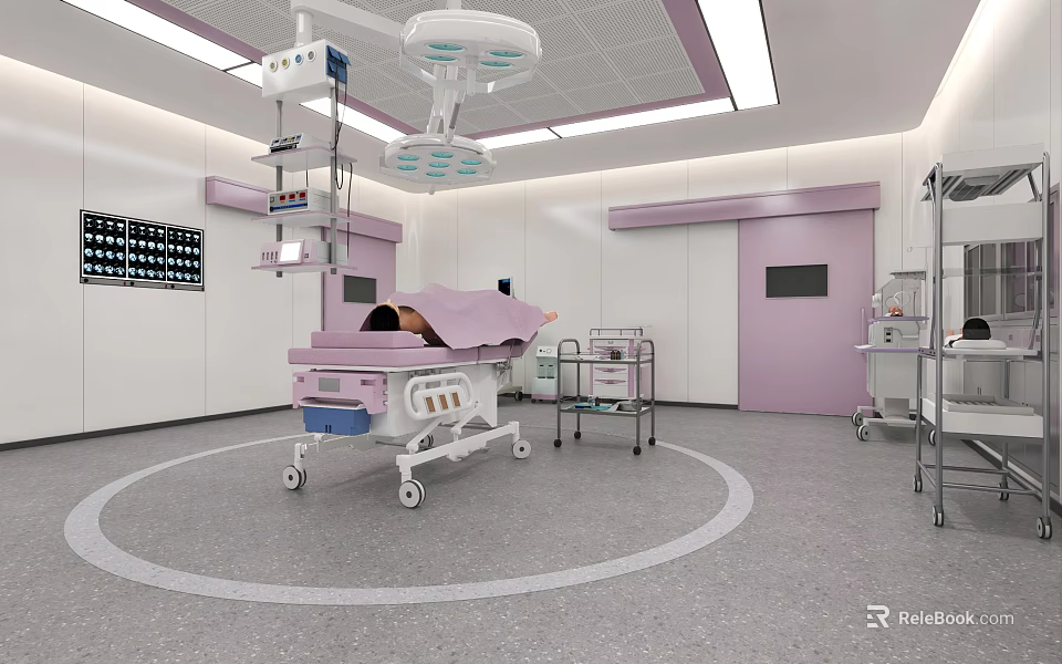 Modern Operating Room Interior With Surgical Table Lights And Medical Equipment 3d model 